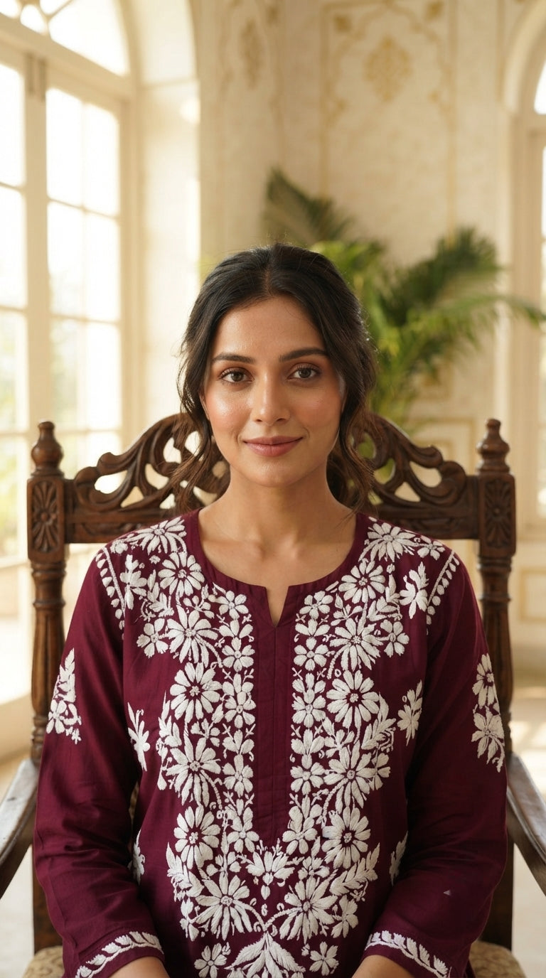 Women Maroon Chikankari Cotton Kurta Pant