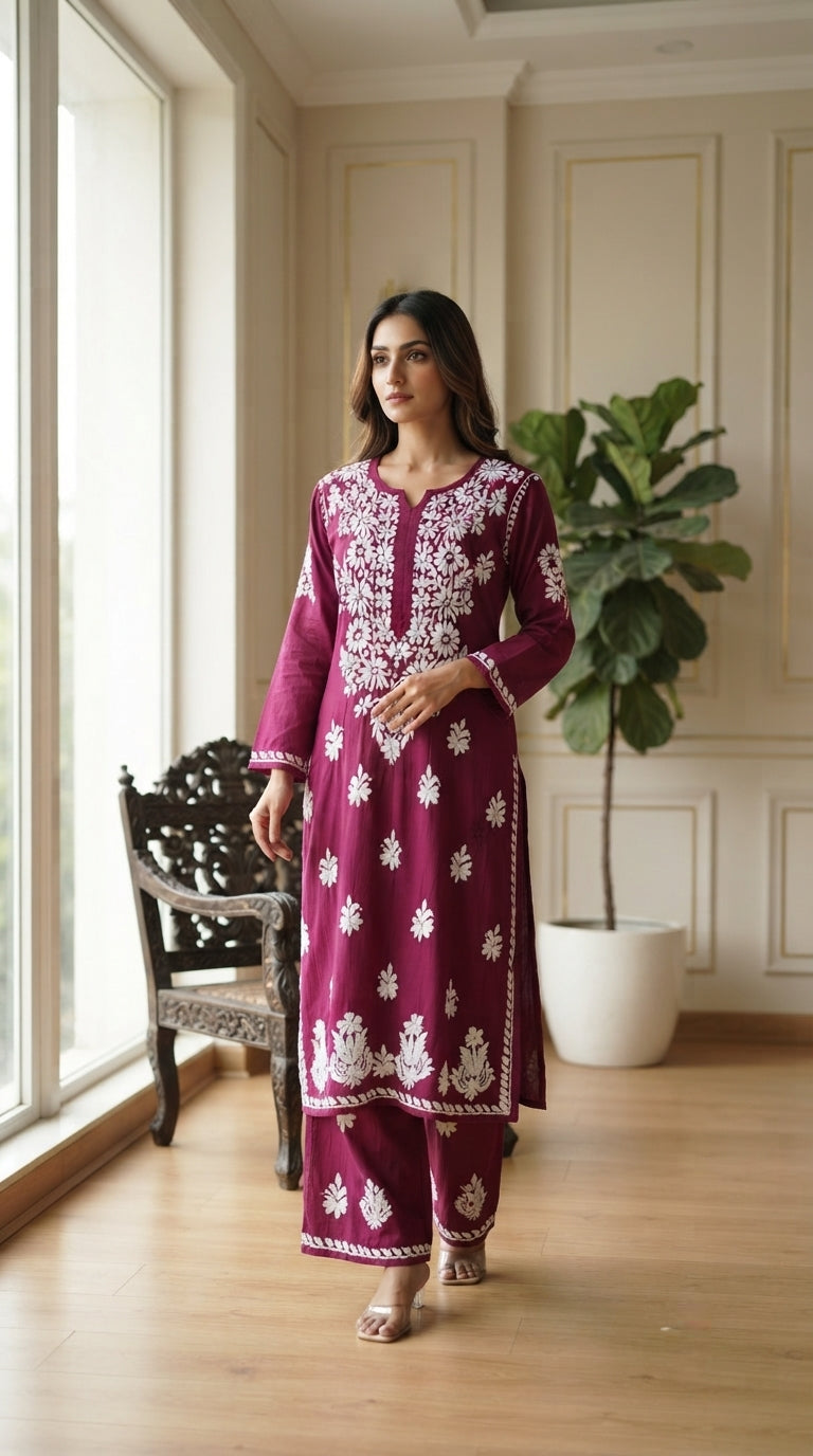 Women Maroon Chikankari Cotton Kurta Pant