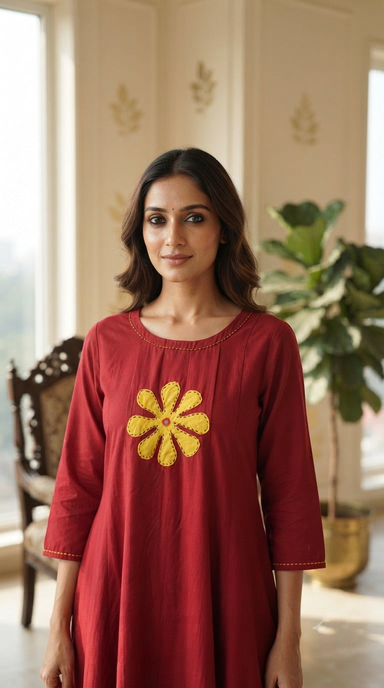Women Maroon Embroidered Cotton Kurta Pant Dupatta