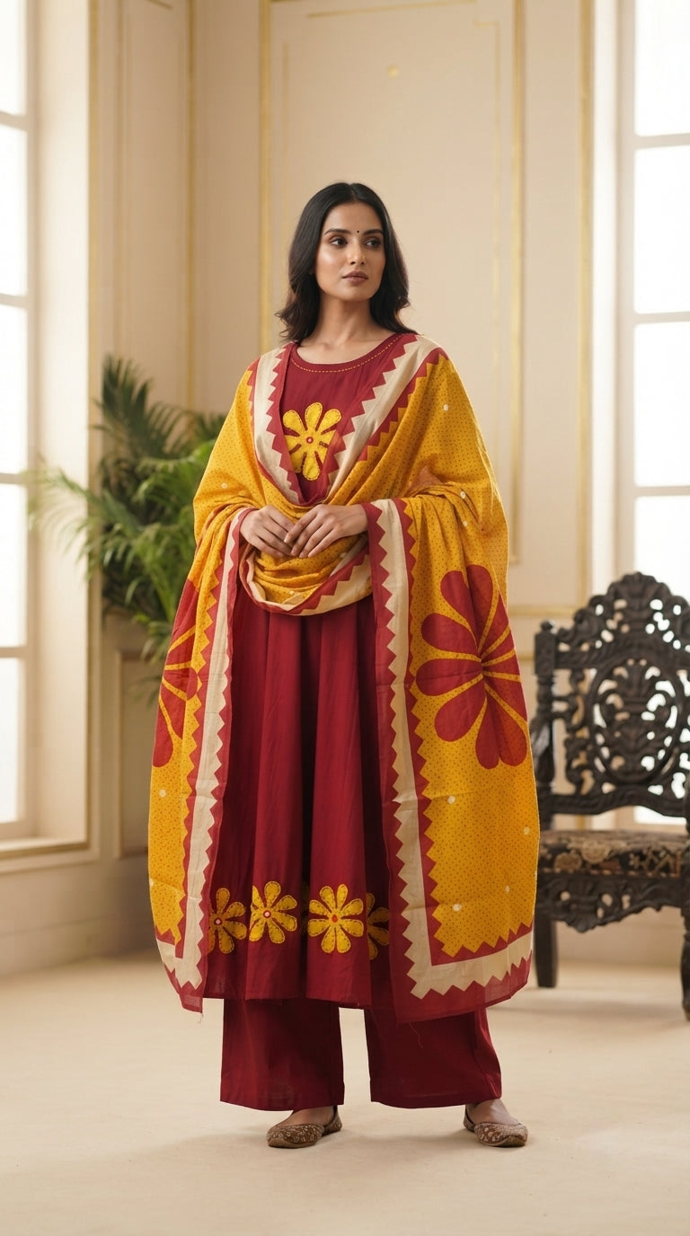 Women Maroon Embroidered Cotton Kurta Pant Dupatta