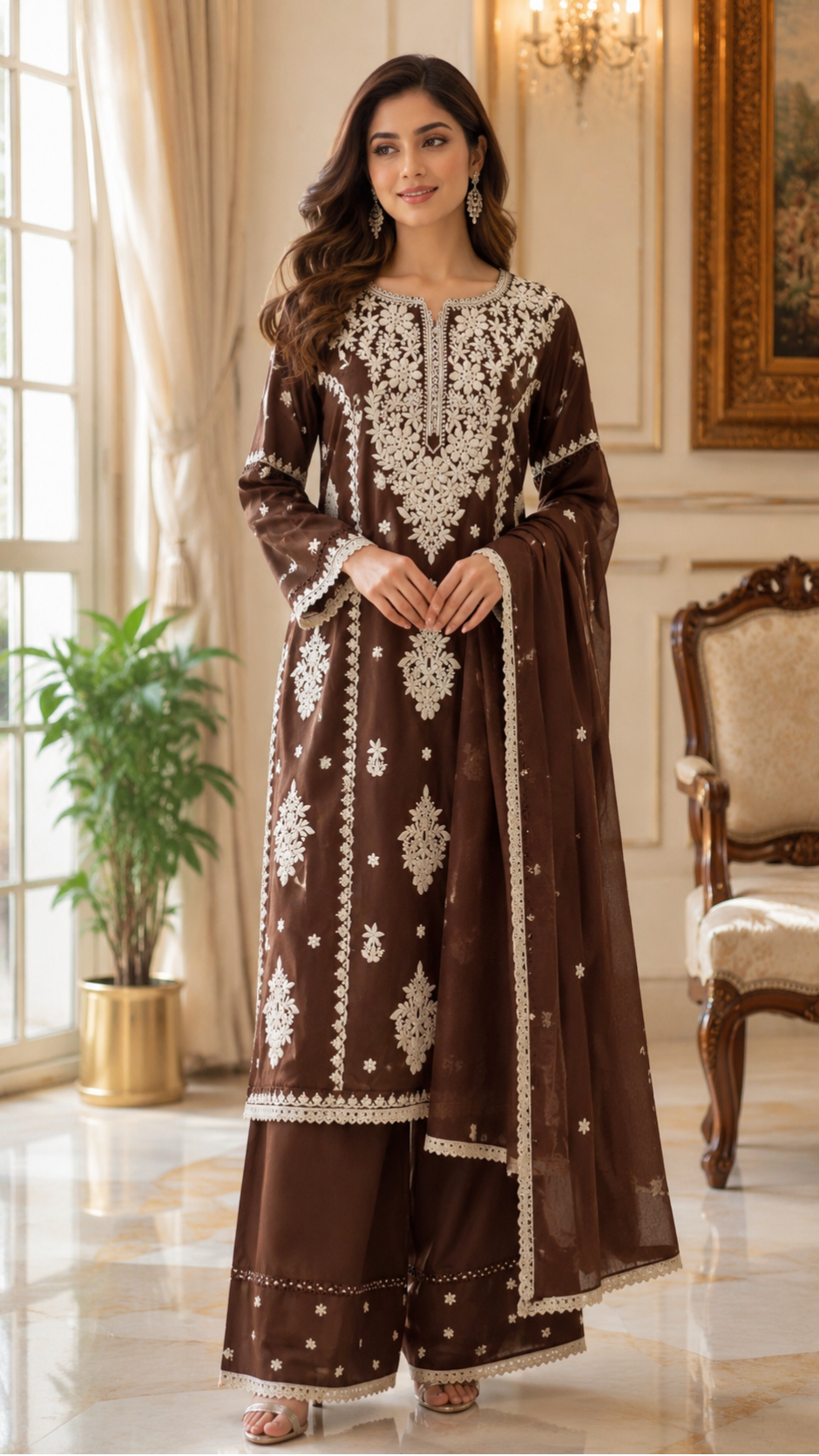 Women Brown Chikankari Cotton Kurta Palazzo Pant Dupatta