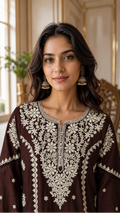 Women Brown Chikankari Cotton Kurta Palazzo Pant Dupatta