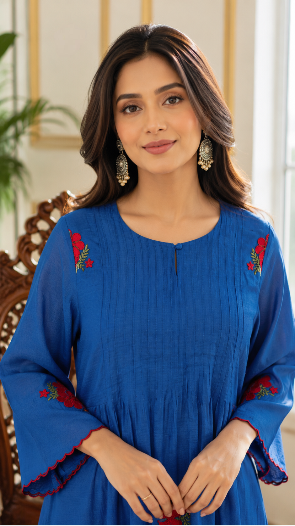 Women Blue Embroidered Chanderi Kurta Pant Dupatta