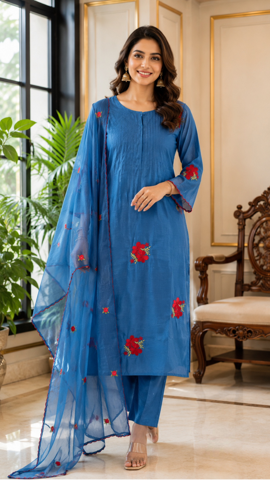 Women Blue Embroidered Chanderi Kurta Pant Dupatta