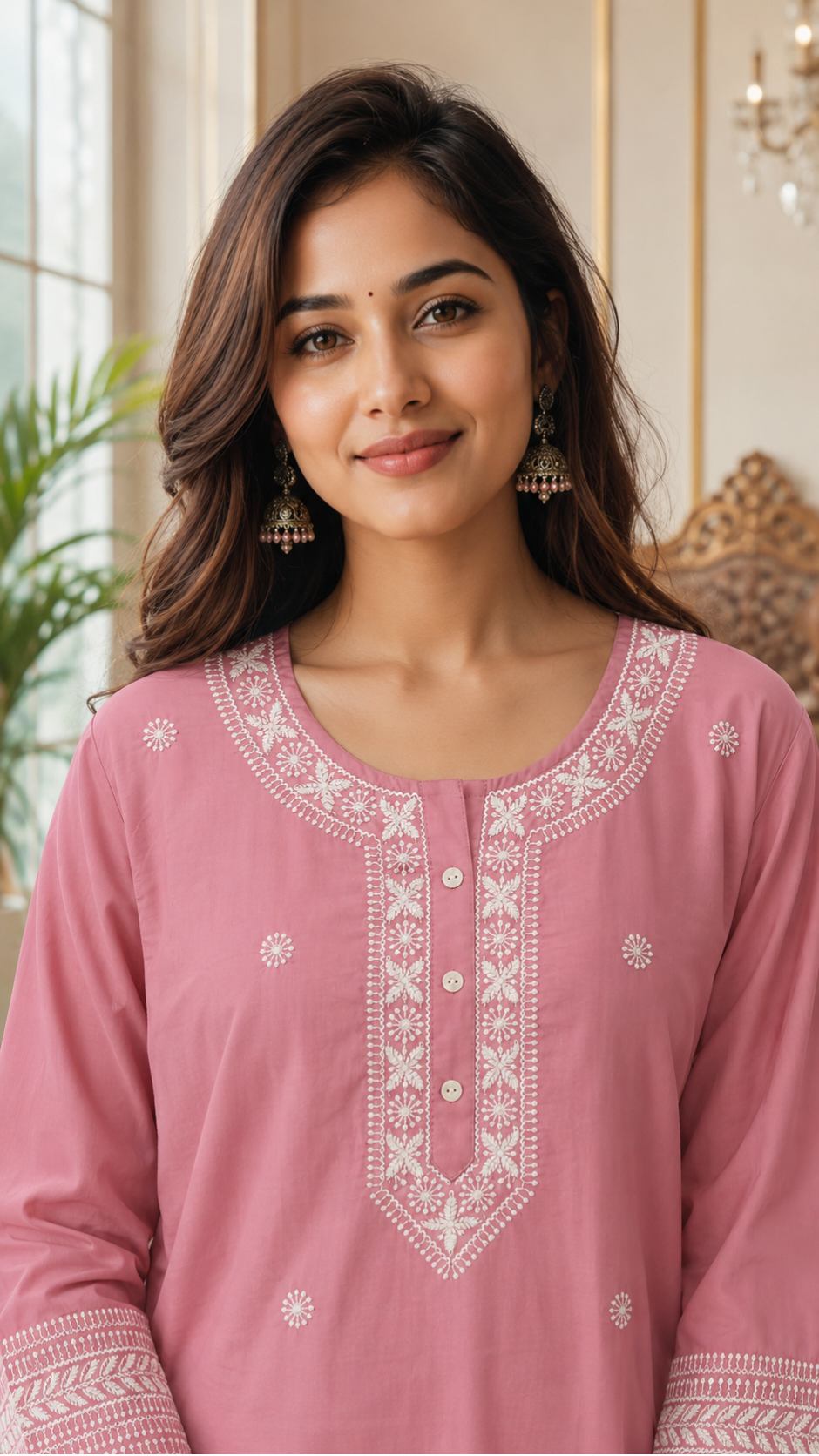 Women Pink Embroidered Cotton Kurta Pant Dupatta