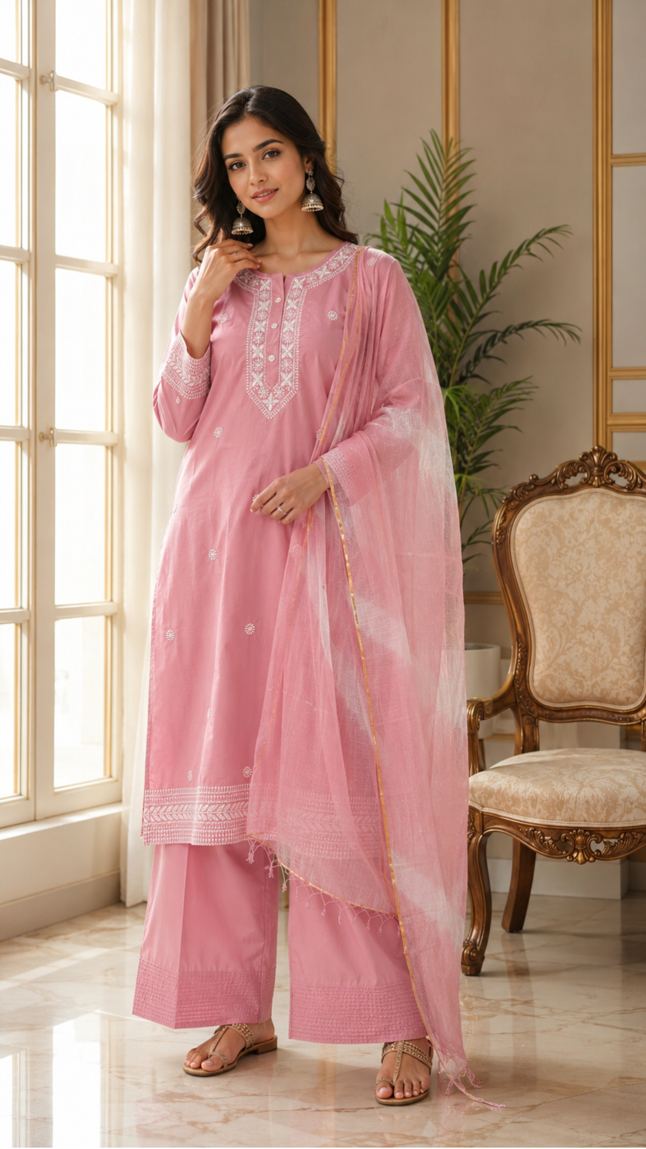 Women Pink Embroidered Cotton Kurta Pant Dupatta