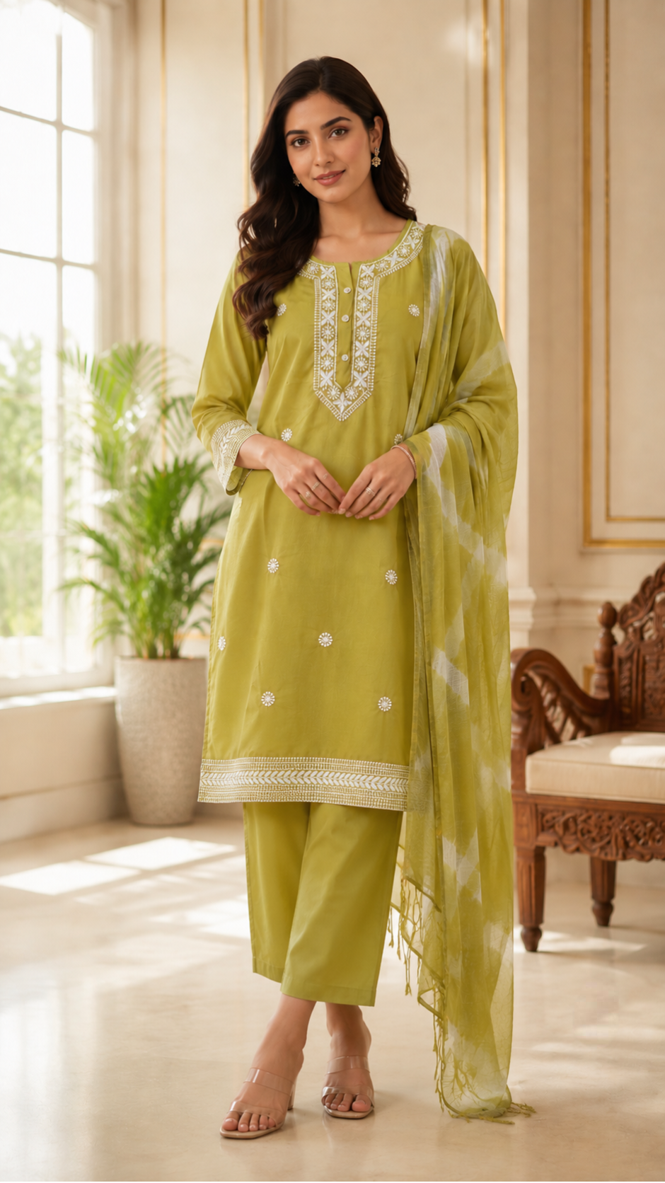 Women Green Embroidered Cotton Kurta Pant Dupatta