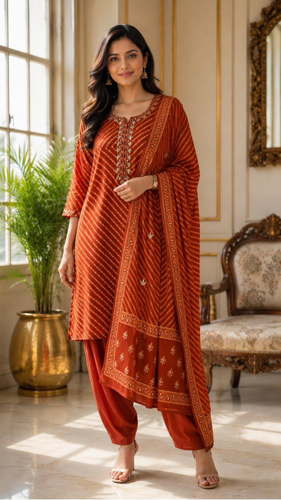 Women Orange Gota Patti Cotton Kurta Pant Dupatta