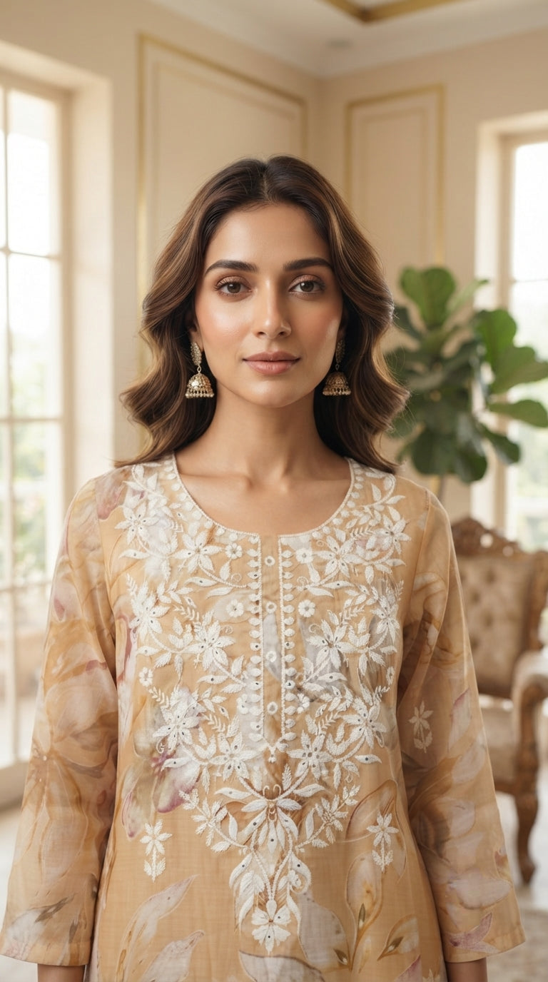Women Beige Chikankari Cotton Kurta Pant Dupatta