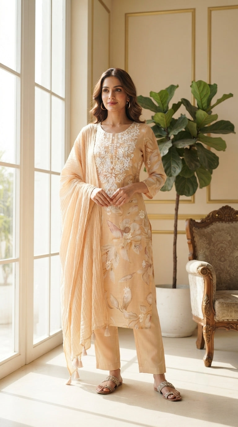 Women Beige Chikankari Cotton Kurta Pant Dupatta