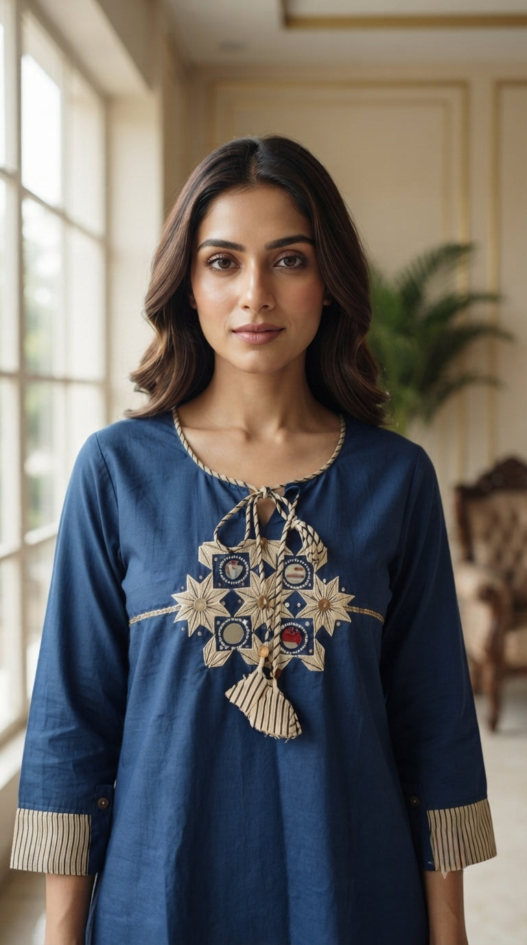 Women Blue Mirror Cotton Kurta Pant Dupatta