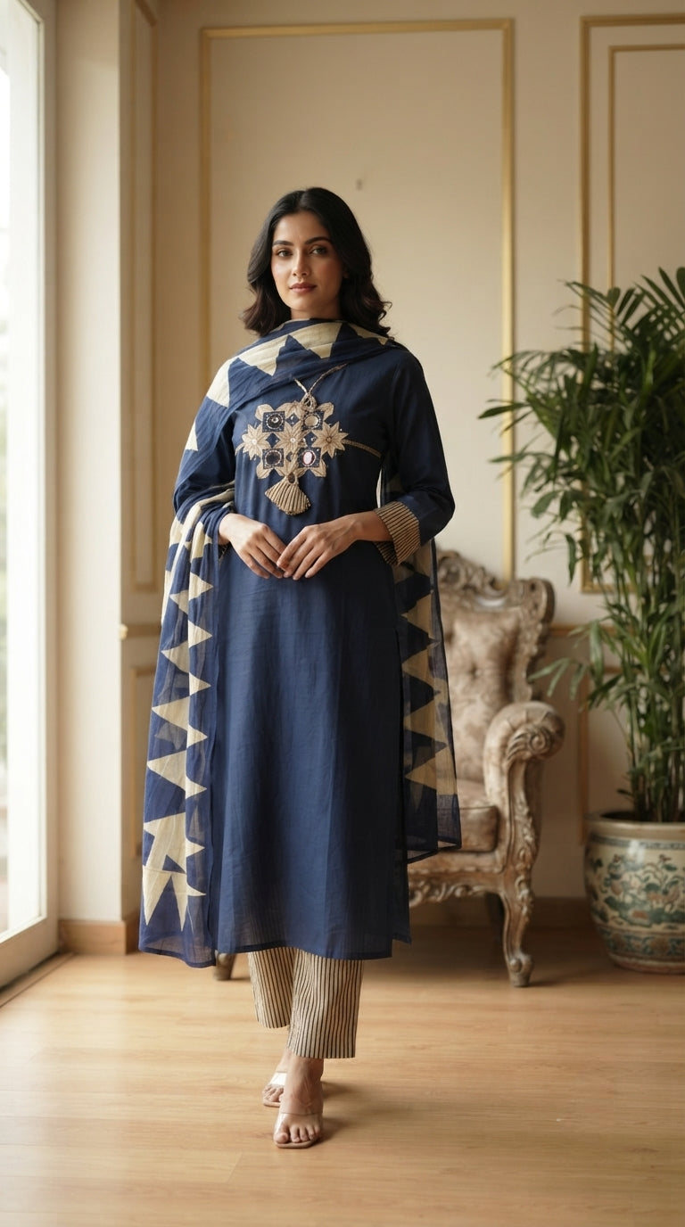 Women Blue Mirror Cotton Kurta Pant Dupatta