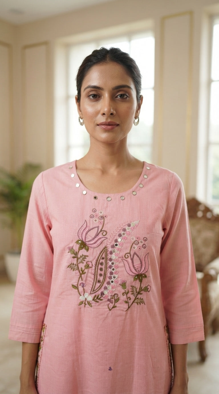 Women Pink Embroidered Cotton Kurta Pant Dupatta
