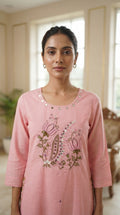 Women Pink Embroidered Cotton Kurta Pant Dupatta