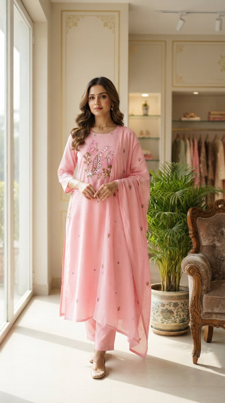 Women Pink Embroidered Cotton Kurta Pant Dupatta