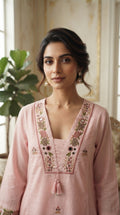 Women Pink Embroidered Cotton Kurta Pant Dupatta