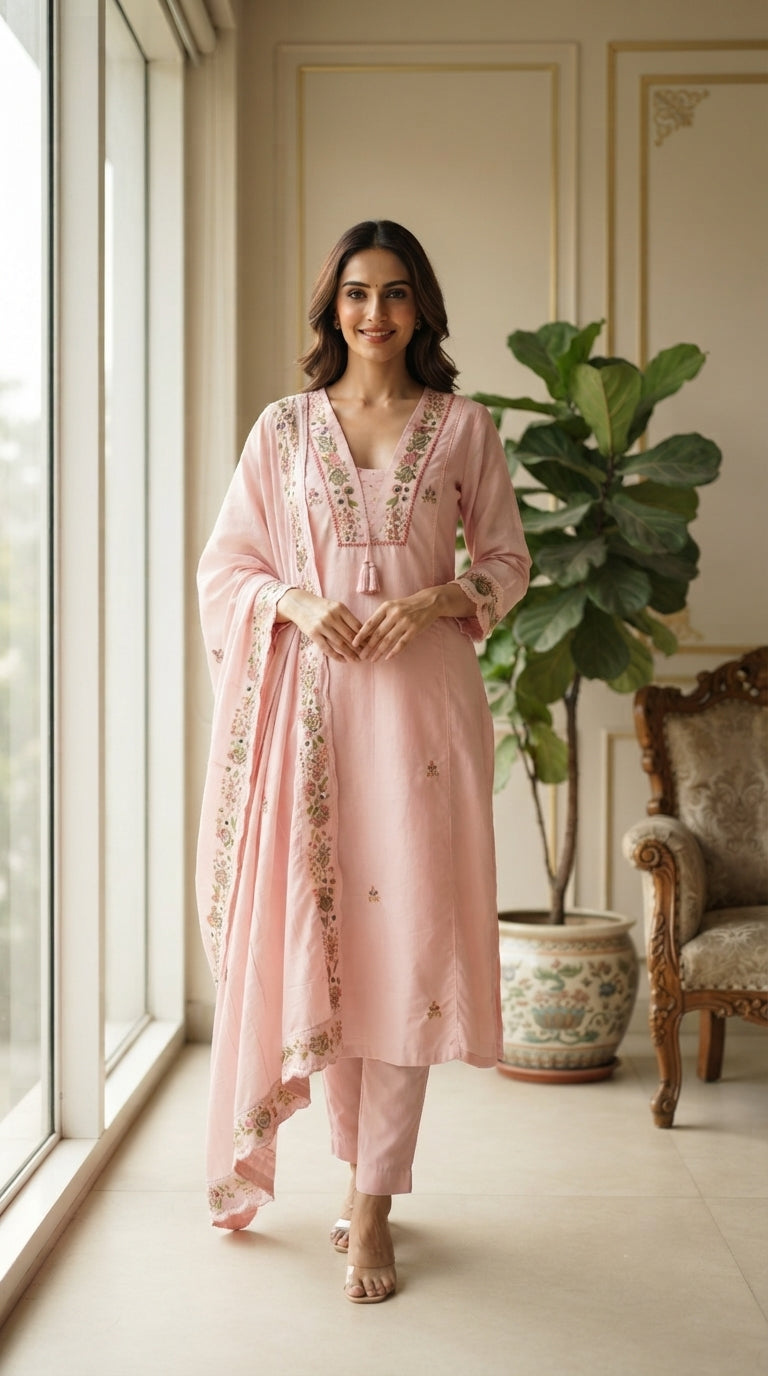 Women Pink Embroidered Cotton Kurta Pant Dupatta