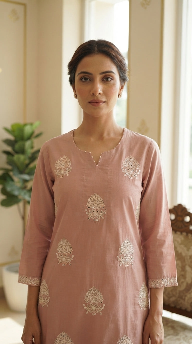 Women Pink Embroidered Cotton Kurta Pant Dupatta