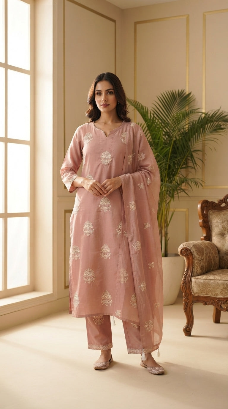 Women Pink Embroidered Cotton Kurta Pant Dupatta