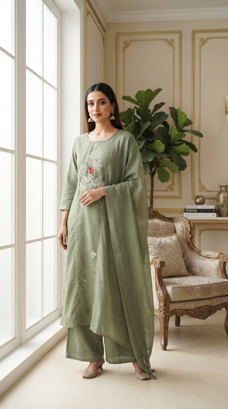 Women Green Embroidered Cotton Kurta Pant Dupatta