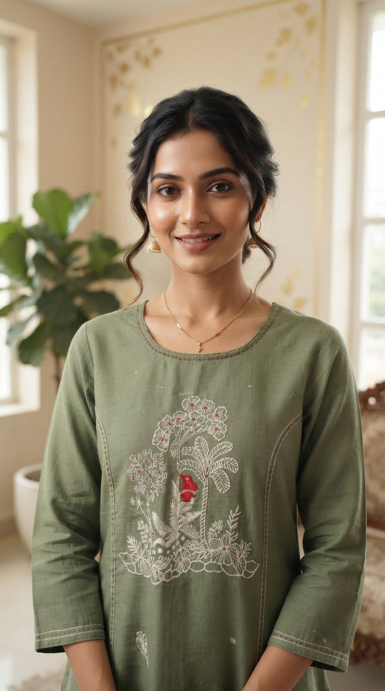 Women Green Embroidered Cotton Kurta Pant Dupatta