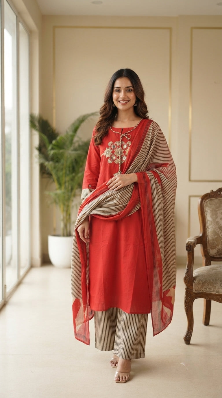 Women Rust Mirror Cotton Kurta Pant Dupatta