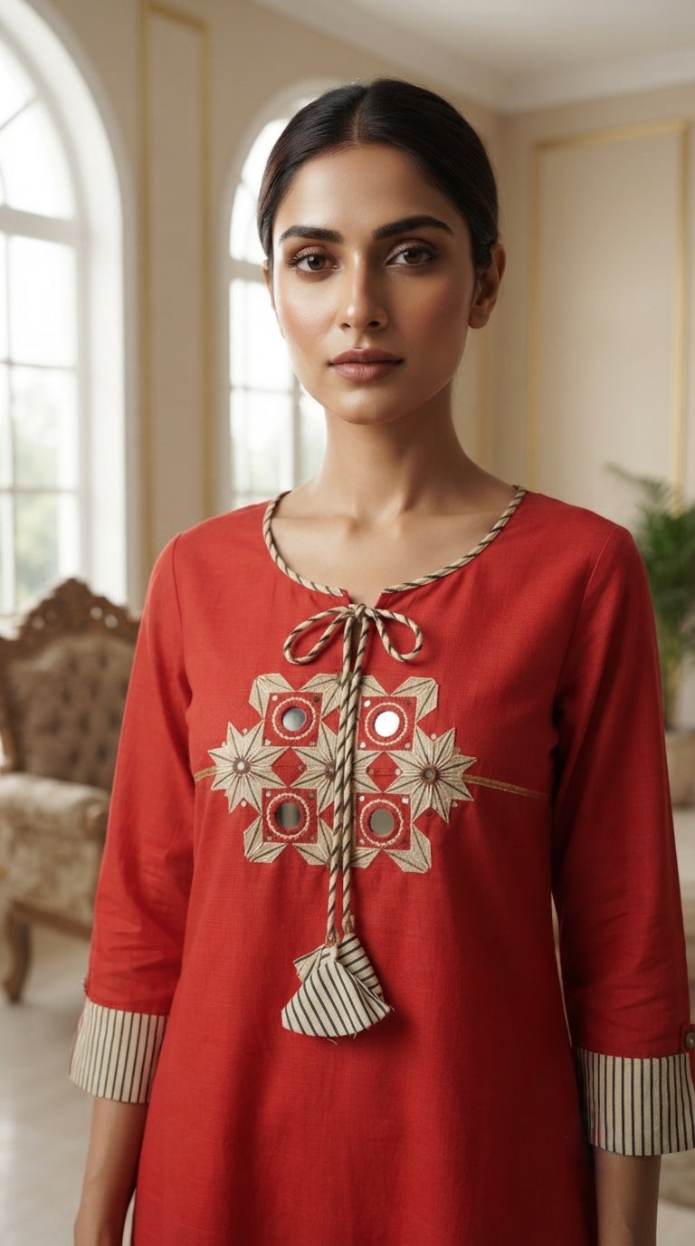 Women Rust Mirror Cotton Kurta Pant Dupatta