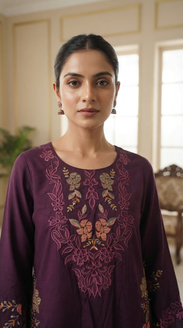 Women Purple Embroidered Cotton Kurta Pant