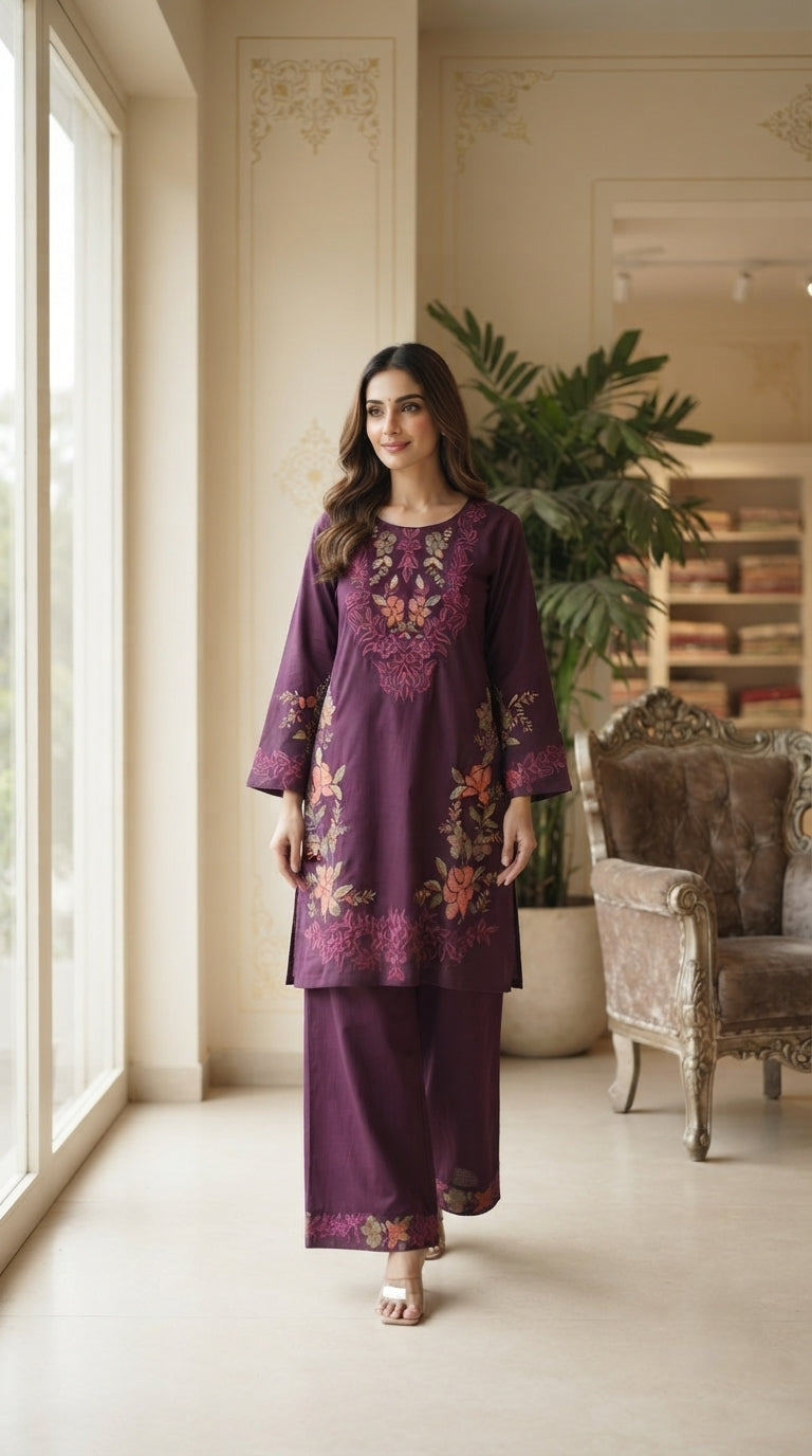 Women Purple Embroidered Cotton Kurta Pant