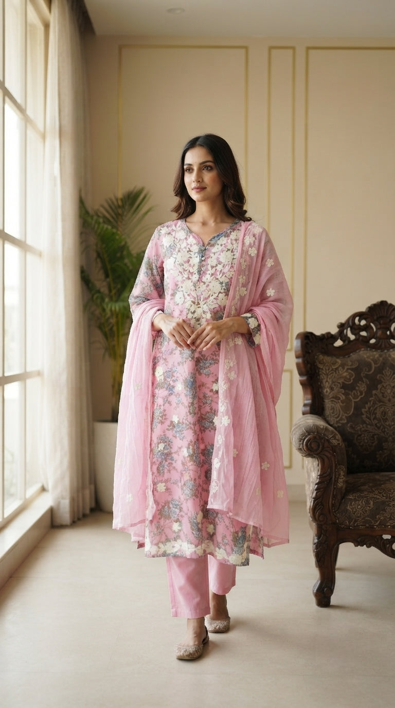 Women Pink Embroidered Cotton Kurta Pant Dupatta