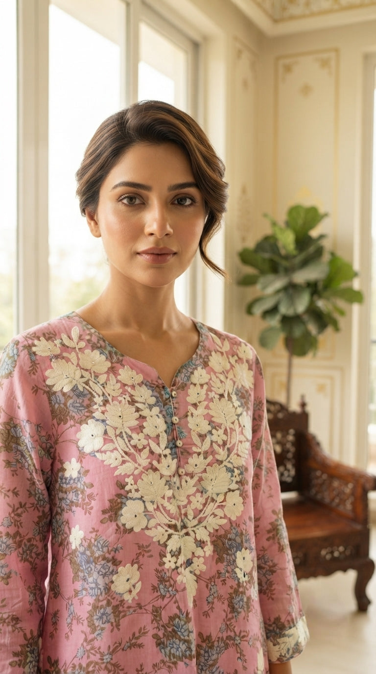 Women Pink Embroidered Cotton Kurta Pant Dupatta