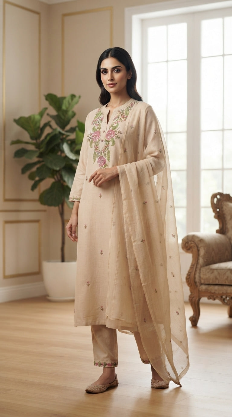 Women Beige Embroidered Cotton Kurta Pant Dupatta
