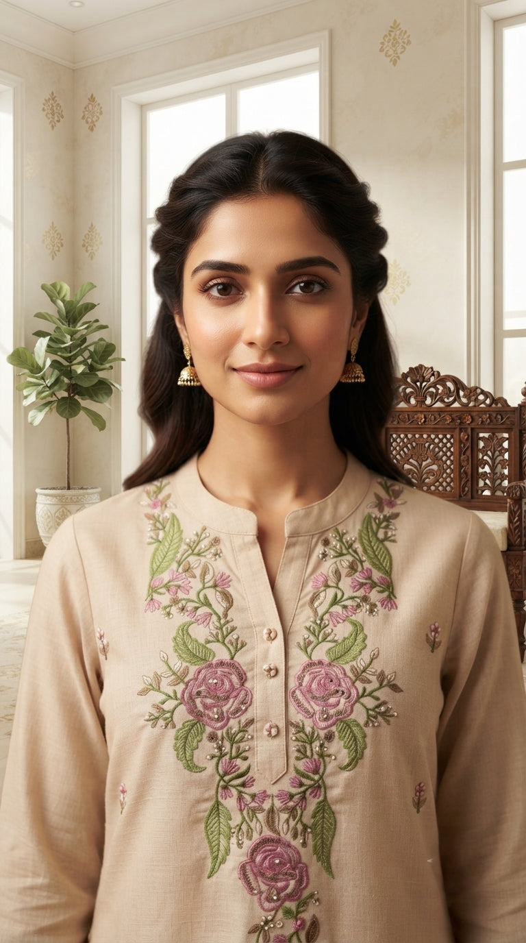 Women Beige Embroidered Cotton Kurta Pant Dupatta