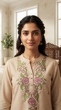 Women Beige Embroidered Cotton Kurta Pant Dupatta