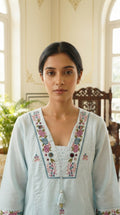 Women Sky Blue Embroidered Cotton Kurta Pant Dupatta