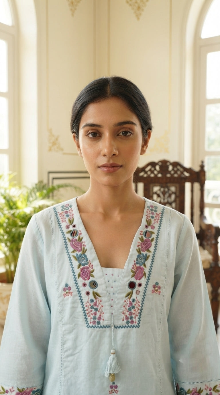 Women Sky Blue Embroidered Cotton Kurta Pant Dupatta