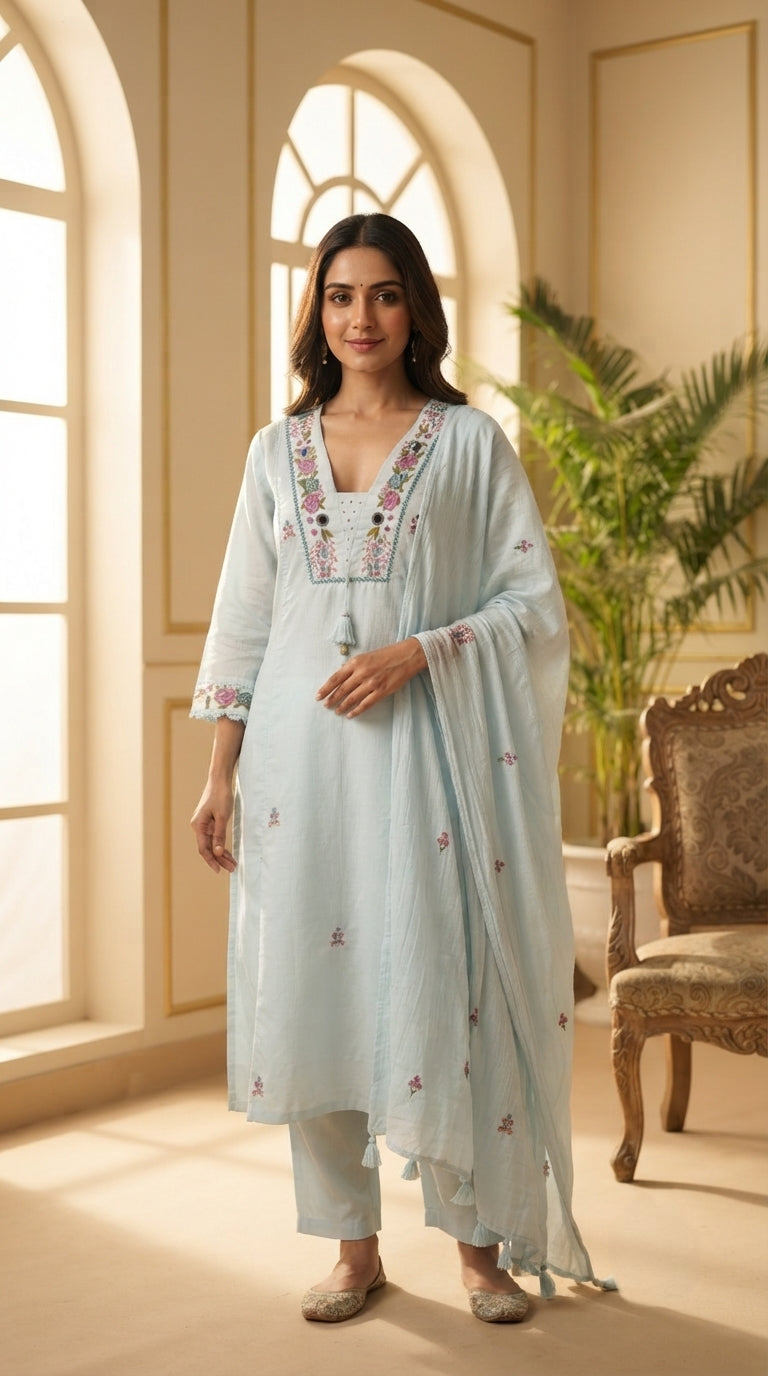 Women Sky Blue Embroidered Cotton Kurta Pant Dupatta