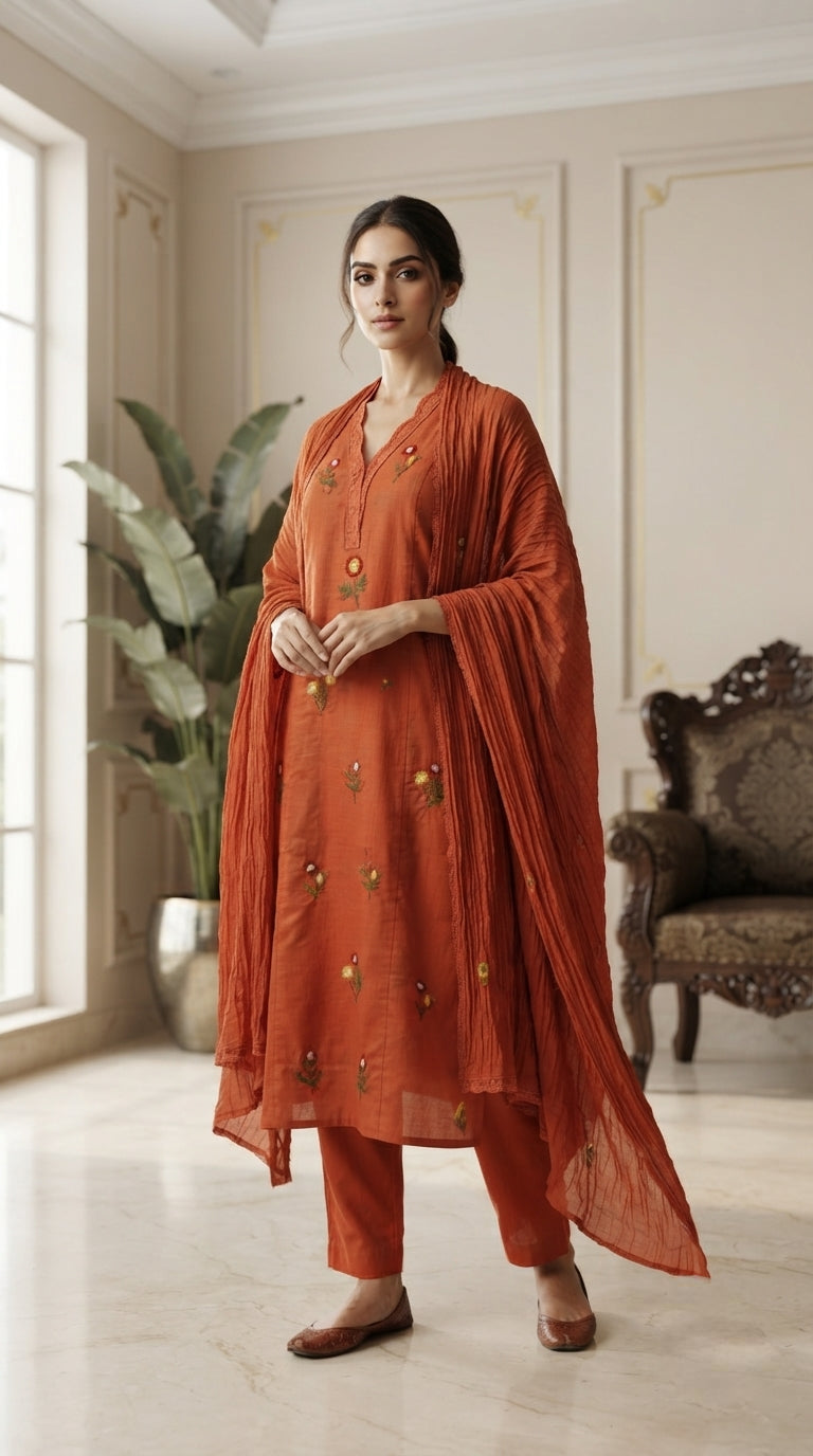 Women Rust Embroidered Cotton Kurta Pant Dupatta
