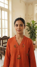 Women Rust Embroidered Cotton Kurta Pant Dupatta
