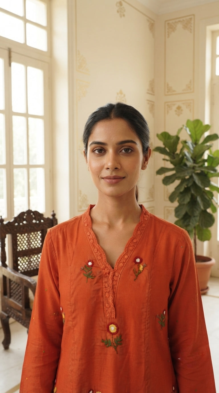 Women Rust Embroidered Cotton Kurta Pant Dupatta