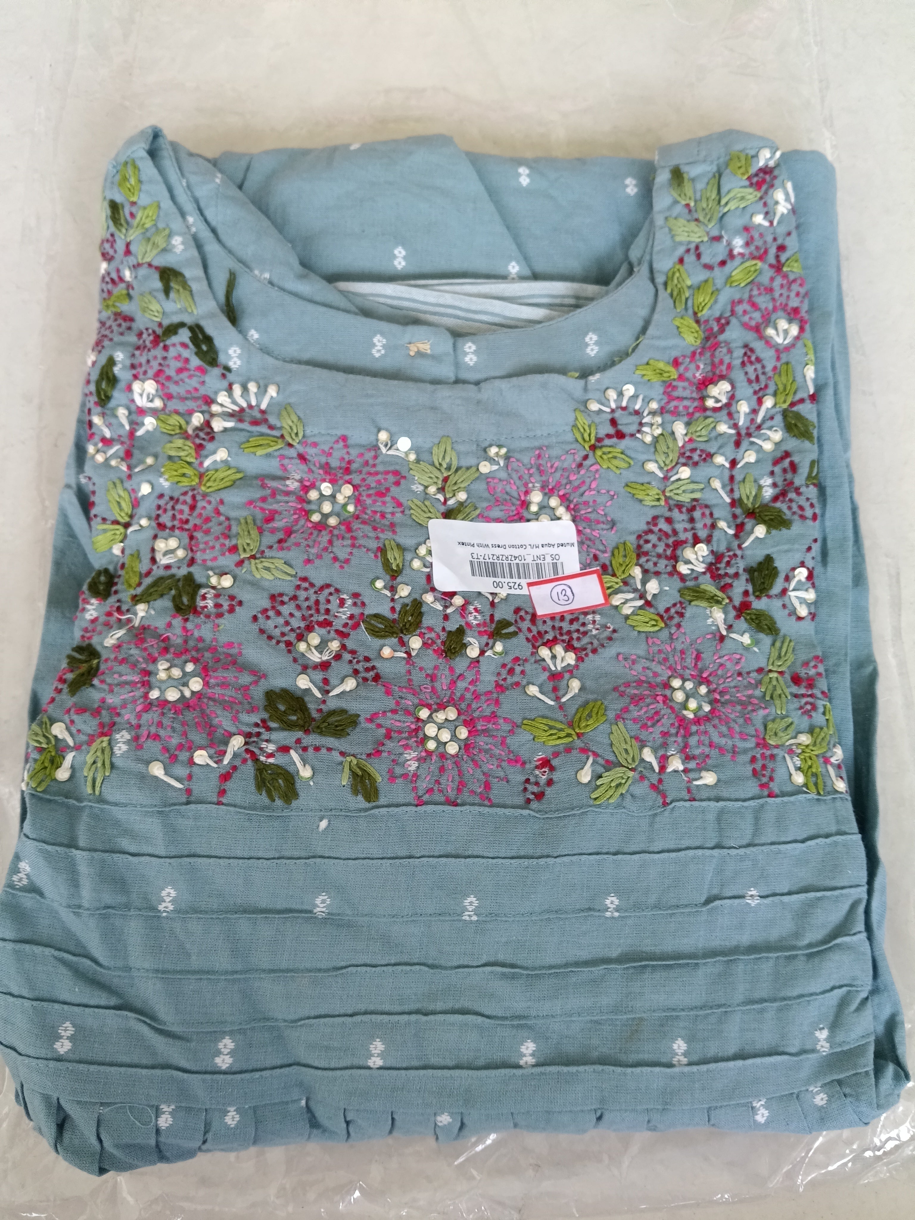 Women Blue Embroidered Cotton Kurta Only