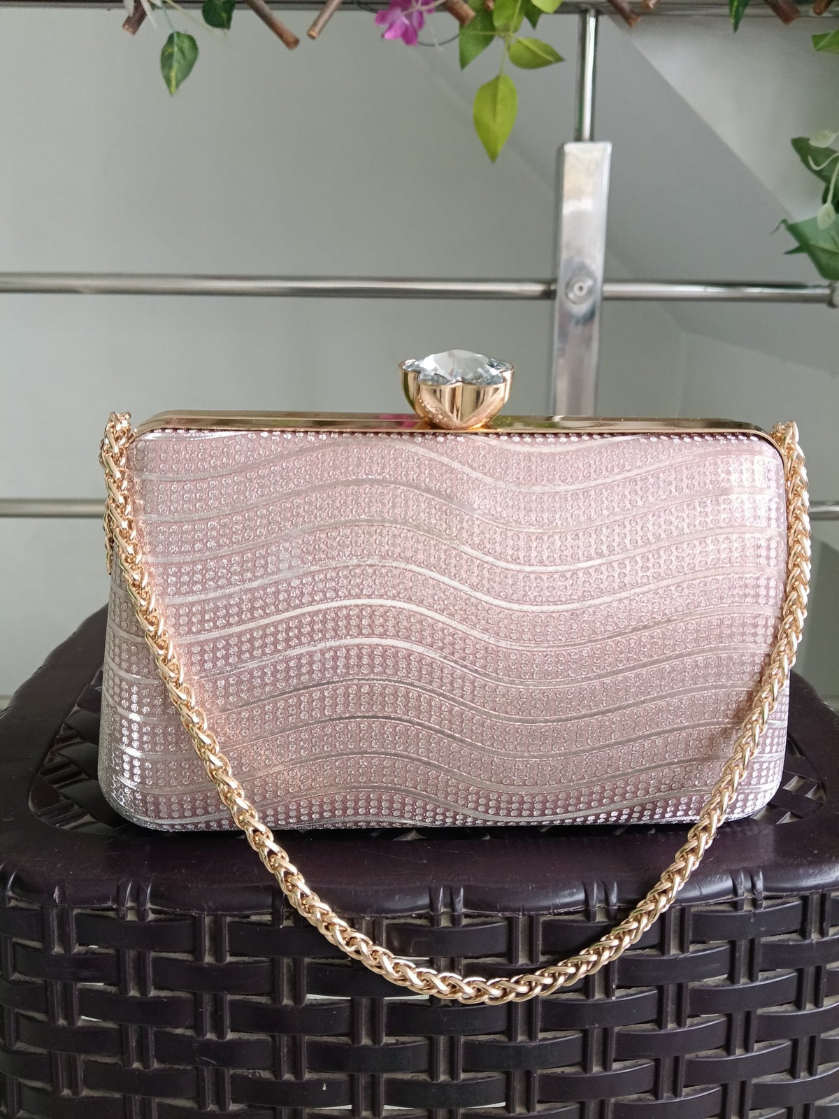 Women Rose Gold Shimmer Wave Clutch Bags