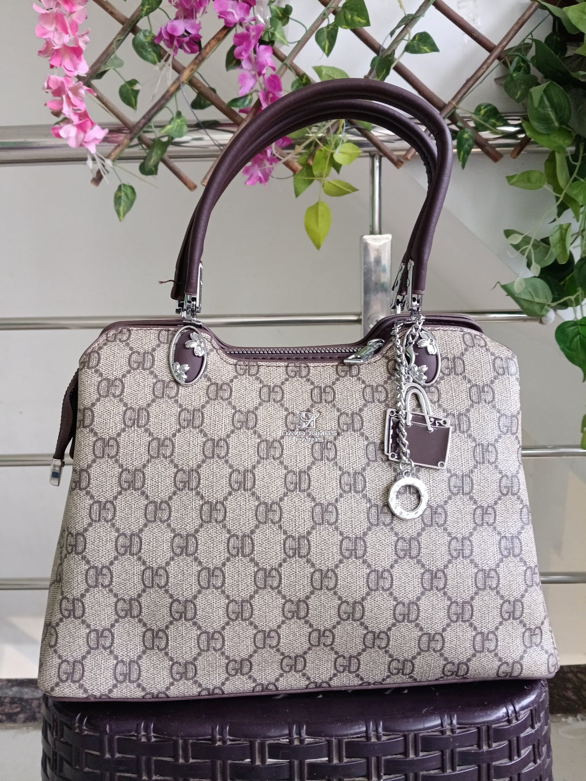 Women Beige Jacquard Canvas Pu Leather Handbags