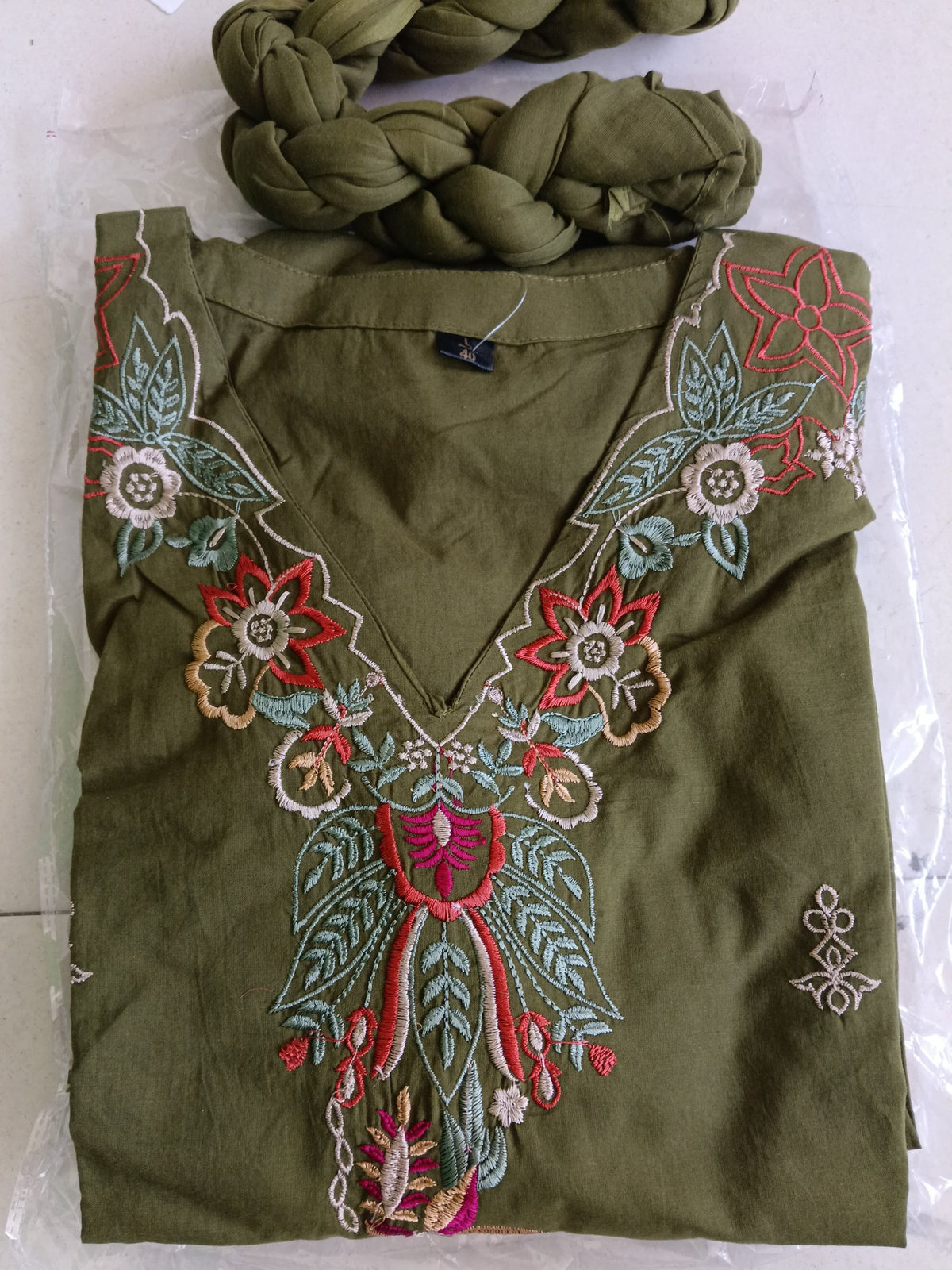 Women Mehandi Embroidered Cotton Kurta Pant Dupatta