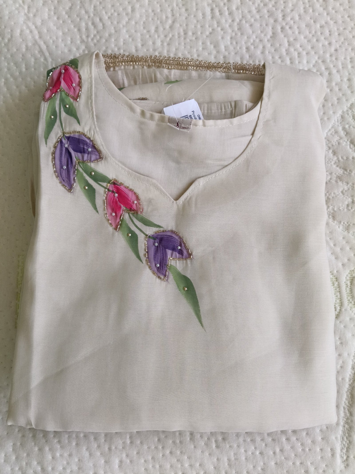 Women Beige Embroidered Silk Kurta Pant Dupatta