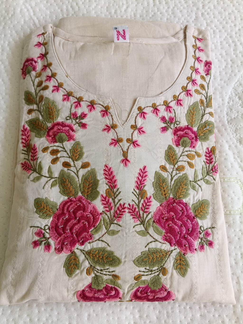Women Beige Embroidered Cotton Kurta Pant Dupatta