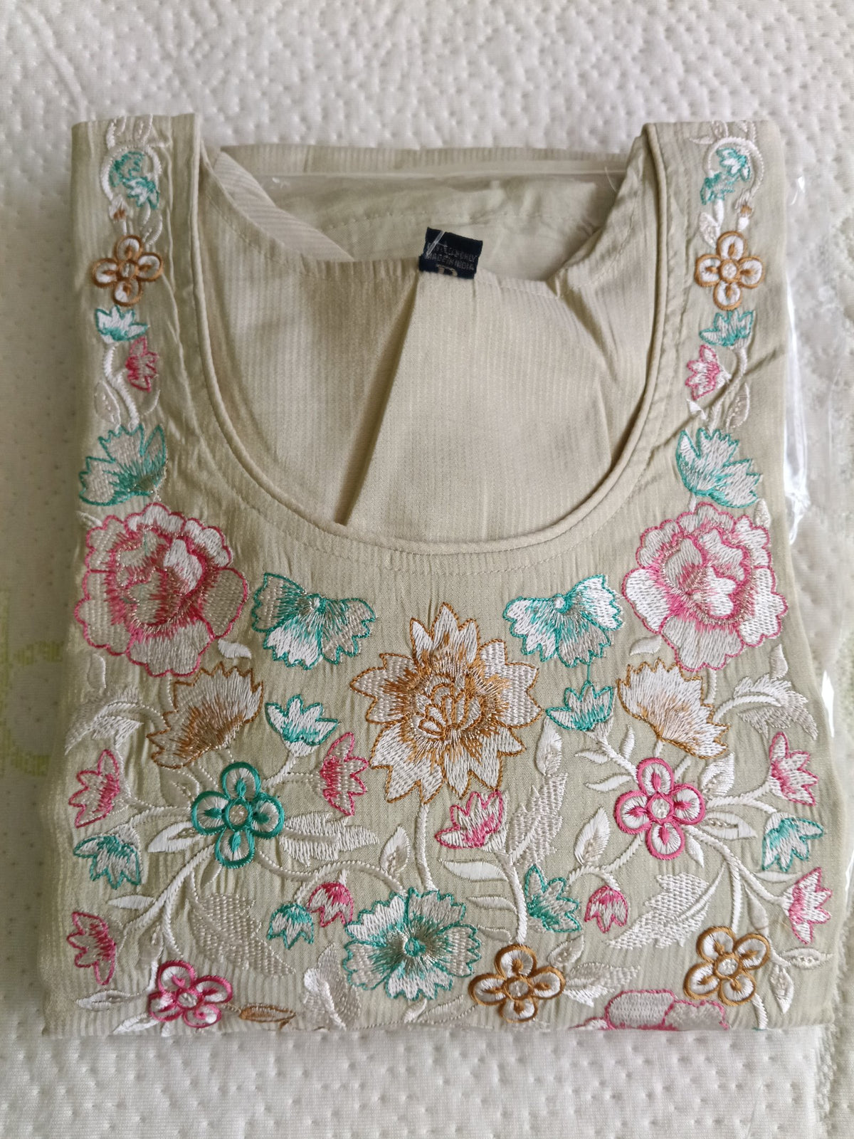 Women Beige Embroidered Cotton Kurta Pant Dupatta