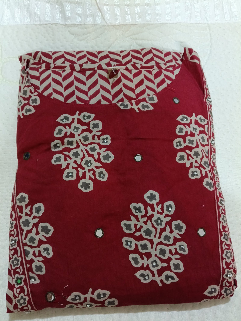 Women Red Embroidered Cotton Kurta Pant Dupatta