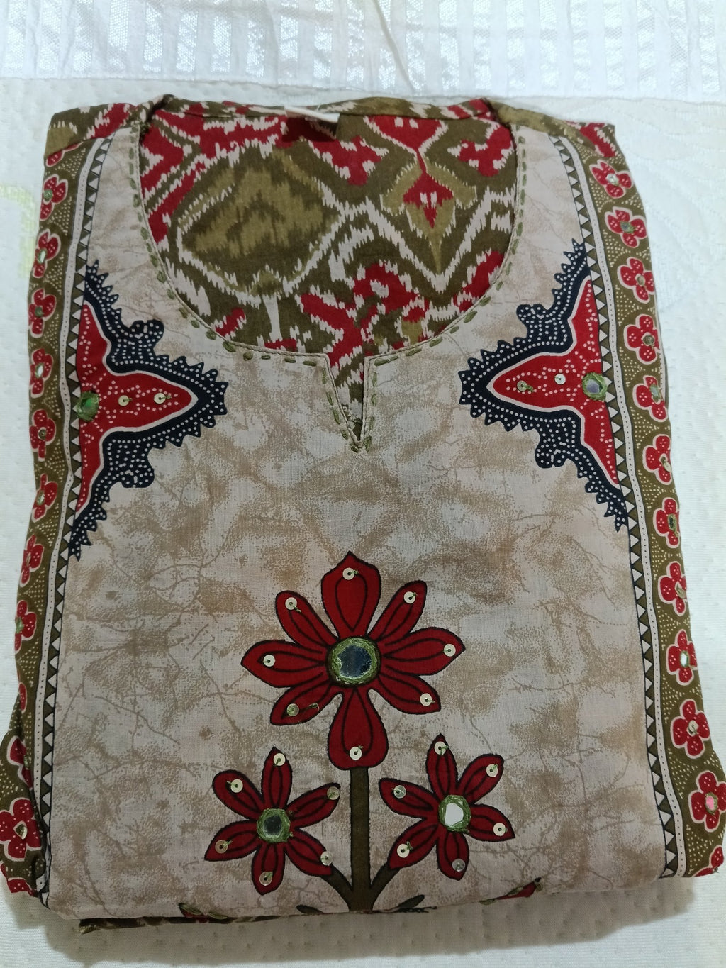 Women Beige Embroidered Cotton Kurta Pant Dupatta