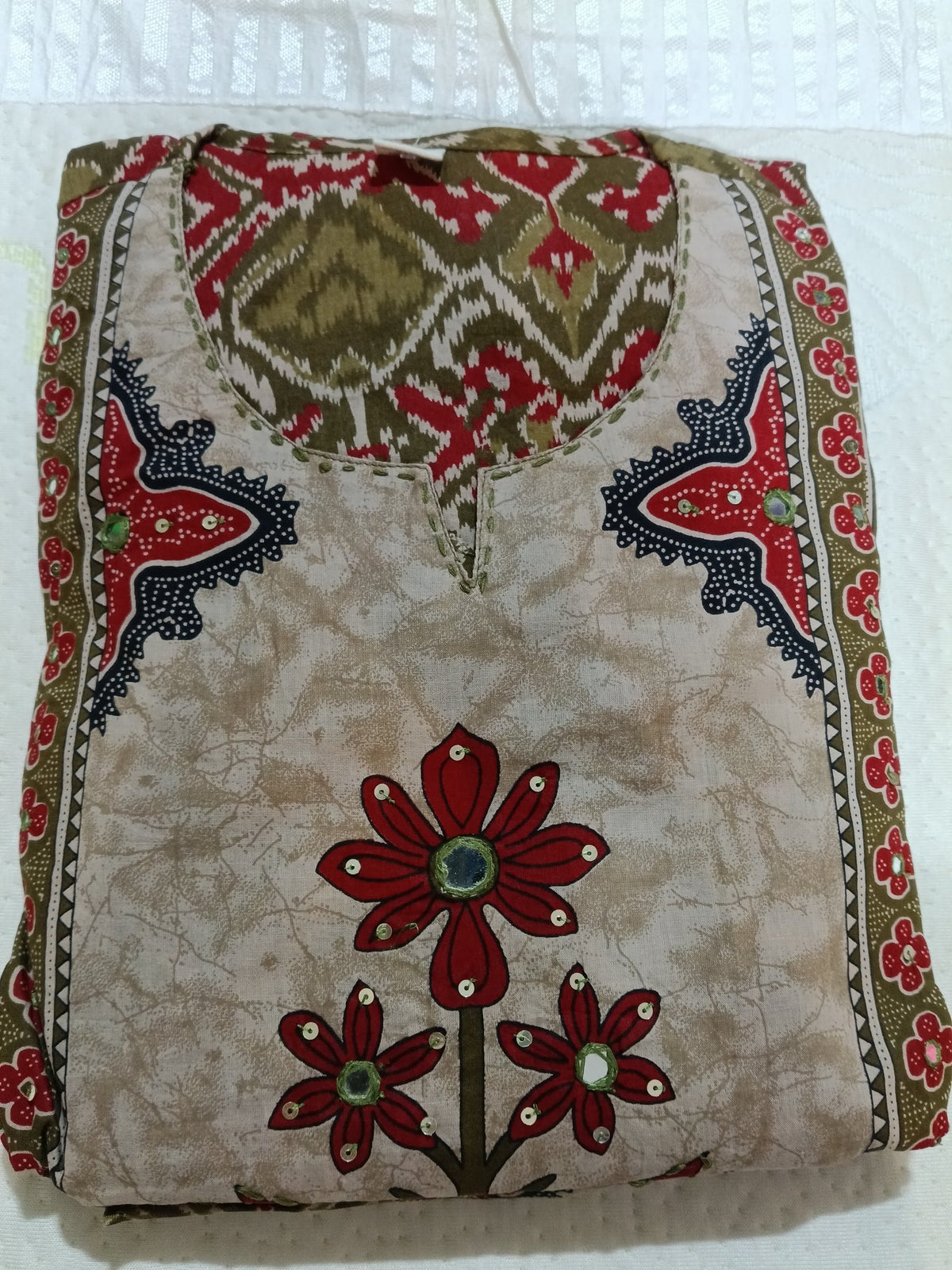 Women Beige Embroidered Cotton Kurta Pant Dupatta